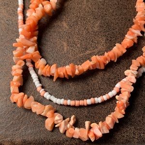 2 Natural salmon coral necklaces vintage and a small beaded necklace not vintage